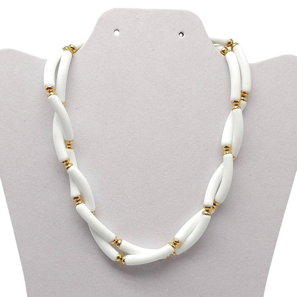 Vintage White Acrylic Gold Tone Beaded Twist Necklace With Clasp 17 inch